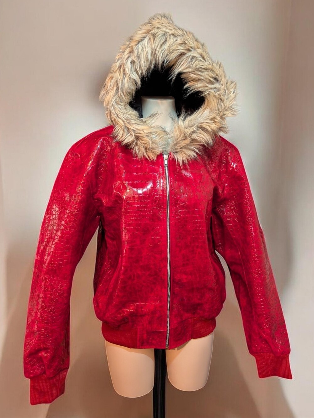 TSU The Sparks Up Ltd. Red Faux‑Leather Jacket with Fur Hood – Size Large